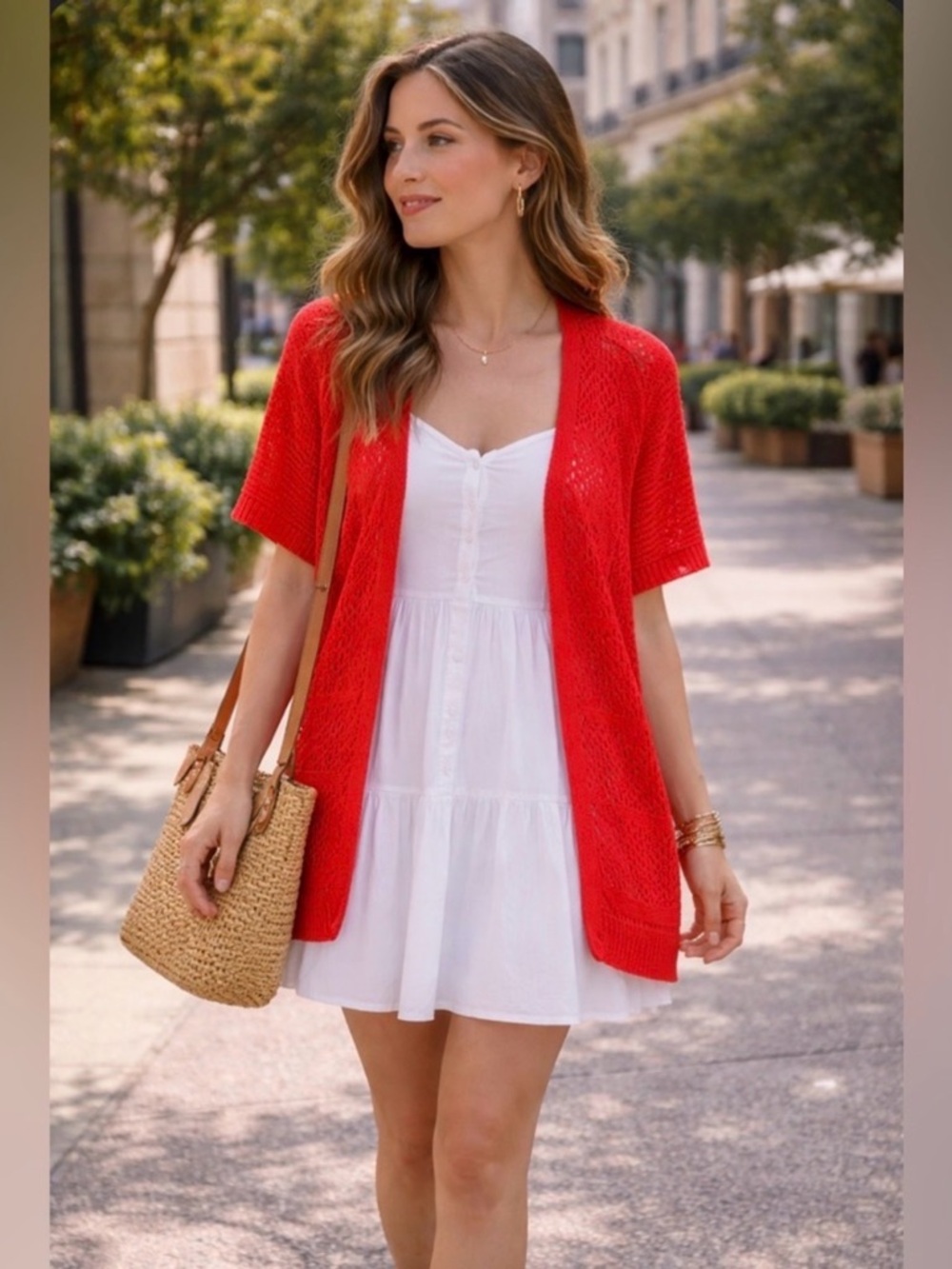 Anthro Guinevere Orange/Red Open Knit Short Sleeve Cardigan‎